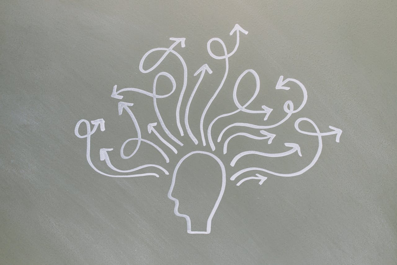 Home (DUPLICATE) Conceptual chalk drawing illustrating mental health challenges with arrows representing thoughts.